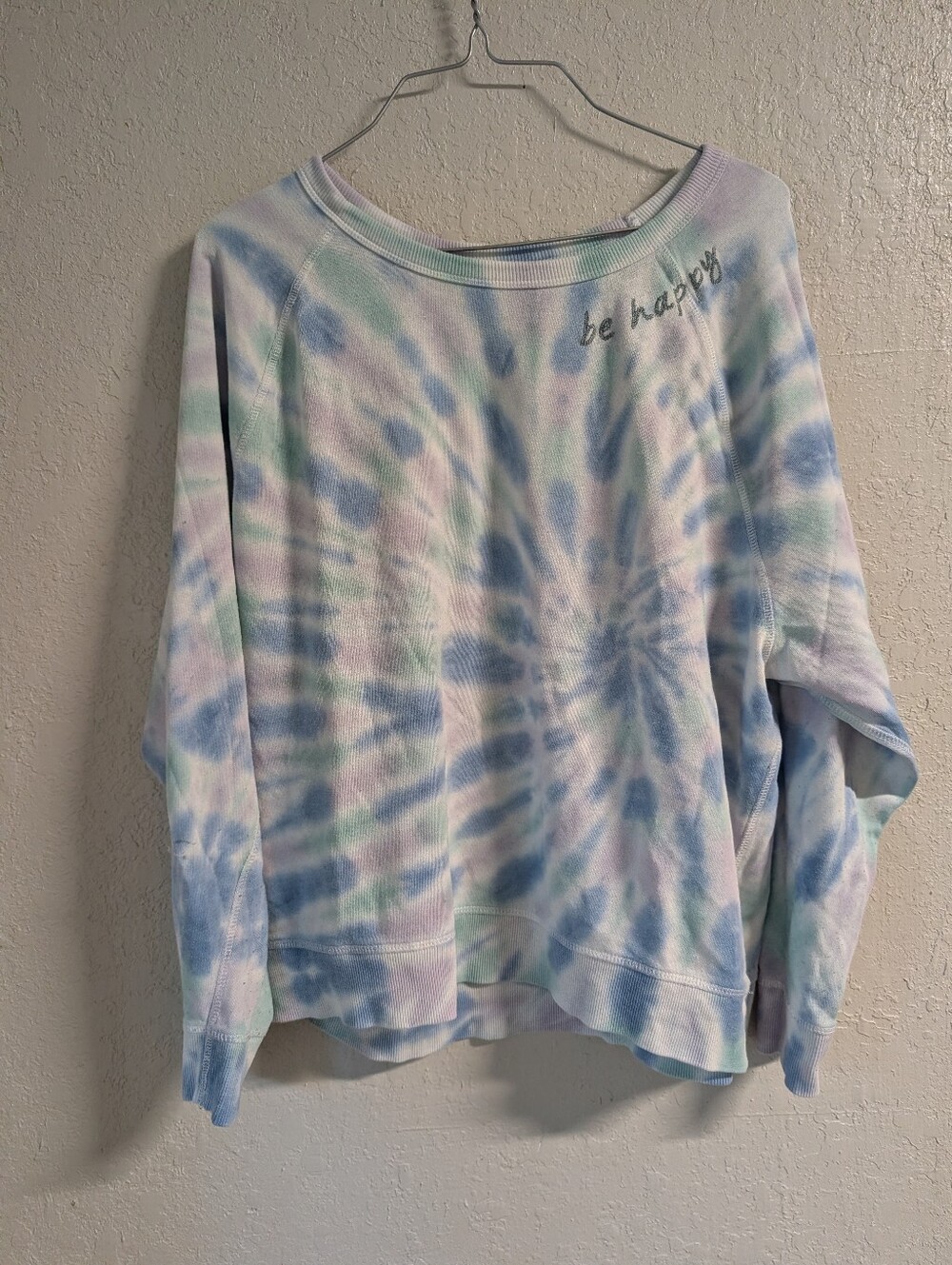 Tie-Dye 'be happy' Sweatshirt L Blue Green Boho Hippie Twee Cottage Whimsy Boxy